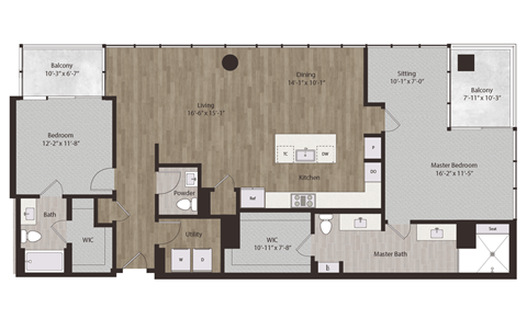 Floor plan for 2 beds, 2.5 baths, 1678 sqft